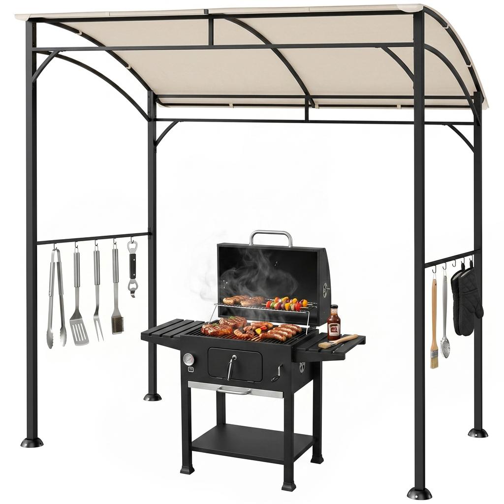 2.2 X 1.5 M BBQ Grill Gazebo Tent, Garden Grill with Metal Frame, Curved Canopy and 10 Hooks, Outdoor Sun Shade, Beige