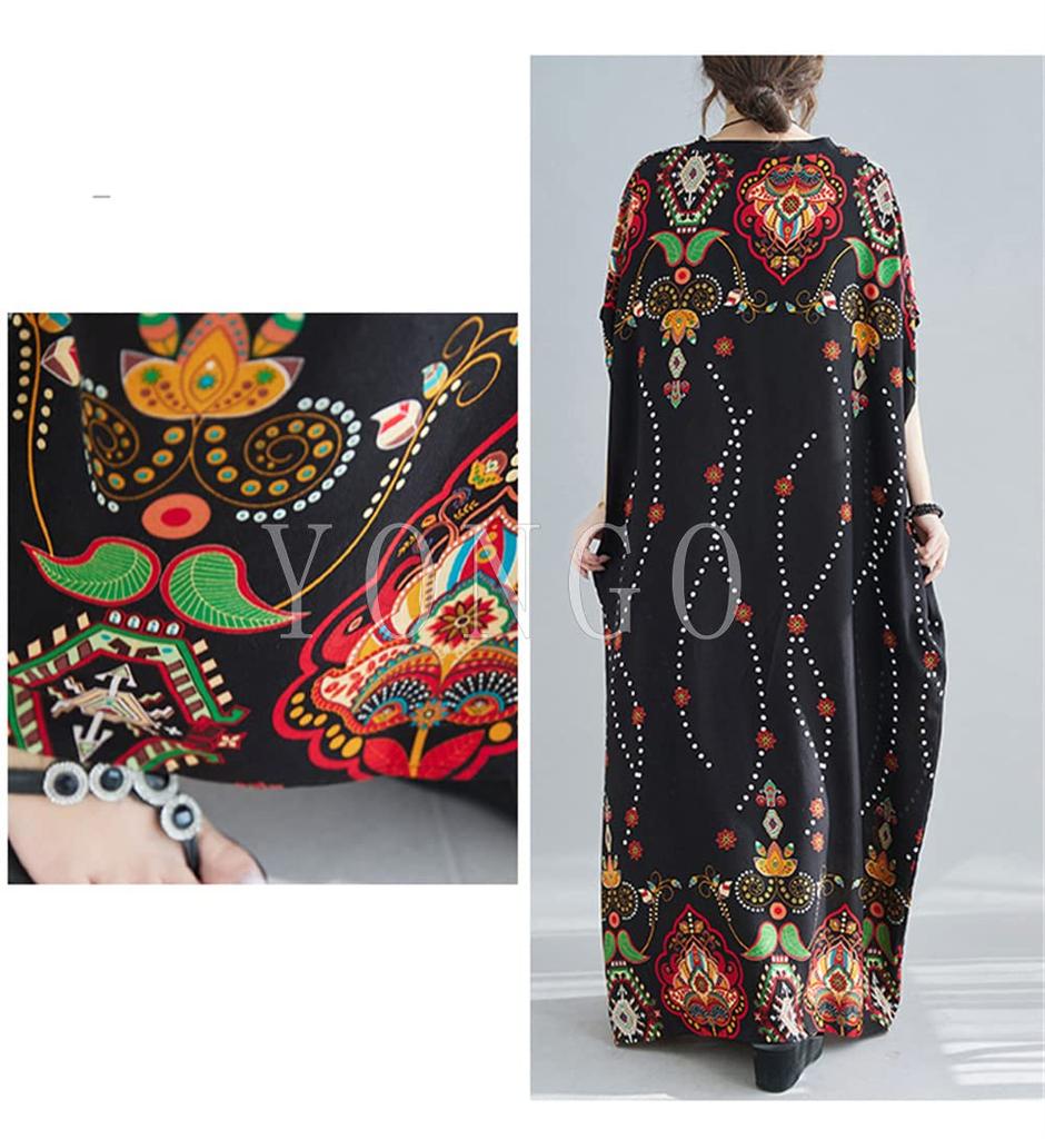 YONGO Maxi Long Short Loose Floral Plus Ethnic Resort Dress Women's Dress, Summer, Length, Sleeves, Fit, Print, V-Neck, Size, Retro, Style, (Free