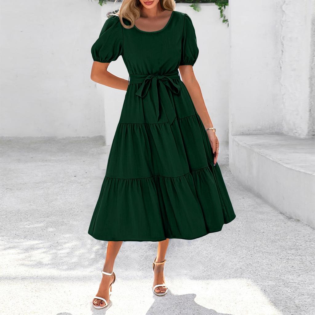 Women's Summer Solid Color Short Sleeve Round Neck Waistband Bohemian Flowy Layered Maxi Dress With Pockets