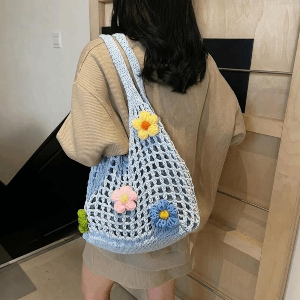 Simple Multicolor Flower Woven Bag Hollow Bohemian Style Knitting Tote Bag Large Capacity Handbag Hollow Shoulder Bag Seaside