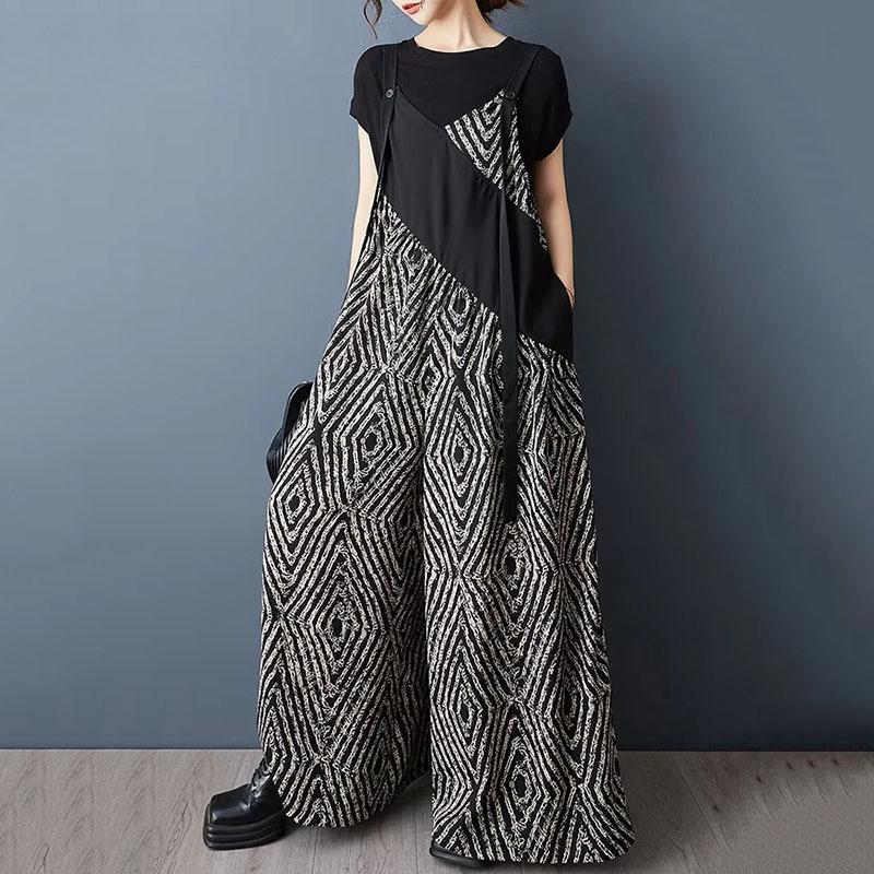 

XITAO Print Contrast Color Patchwork Loose Jumpsuit ZMY1212 One Size чорний