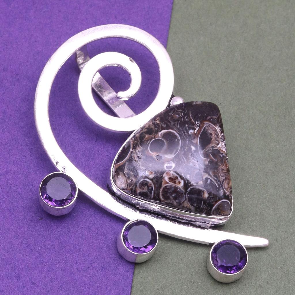Turtella Jasper Amethyst Gemstone Mother's Day Silver Jewelry Pendant  2"