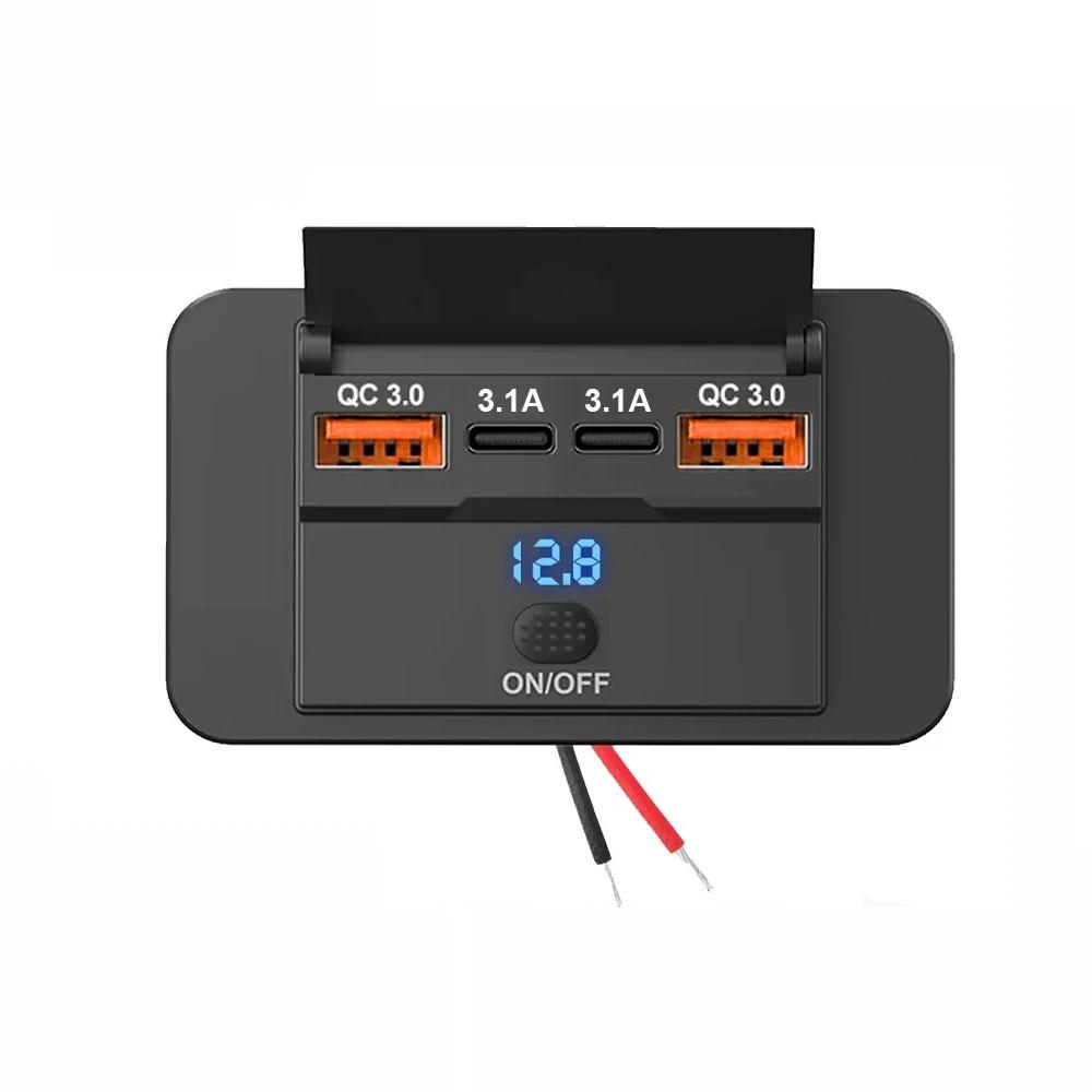 12V Quick Charger Dual PD QC Type-C USB Ports Car Charger Socket Power Adapter with Switch Voltage Display for Car Bus RV Truck