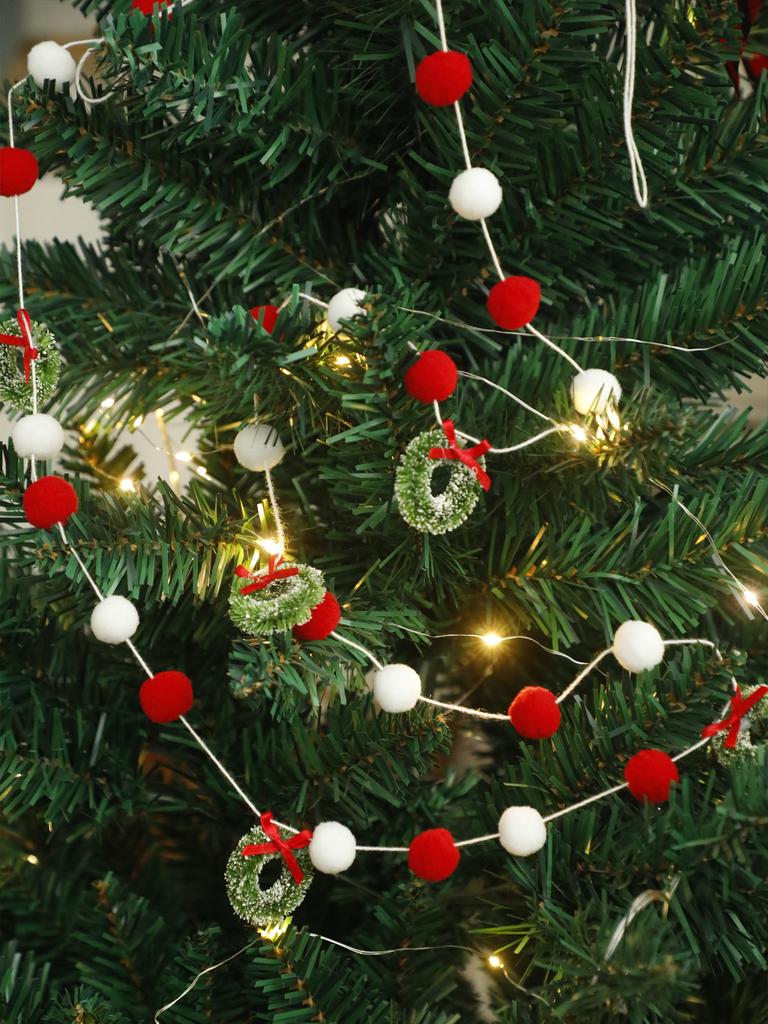 Christmas Pom Pom Garland with Green Wreath Ornaments, Red & White Felt Ball String, Festive Hanging Decor for Xmas Tree & Home