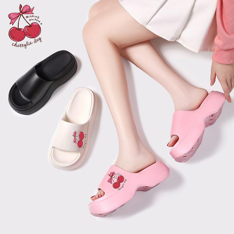 Sweet Cherry Print Thick Bottom Eva Outdoor Slippers Women 2025 Summer High Heel Slides Non Slip Soft Sole Slippers