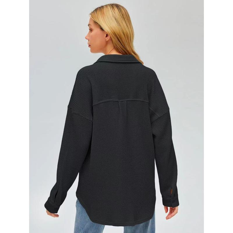Women's Pocket Shirt Solid Color Casual Oversized Long Sleeve Waffle Weave Top
