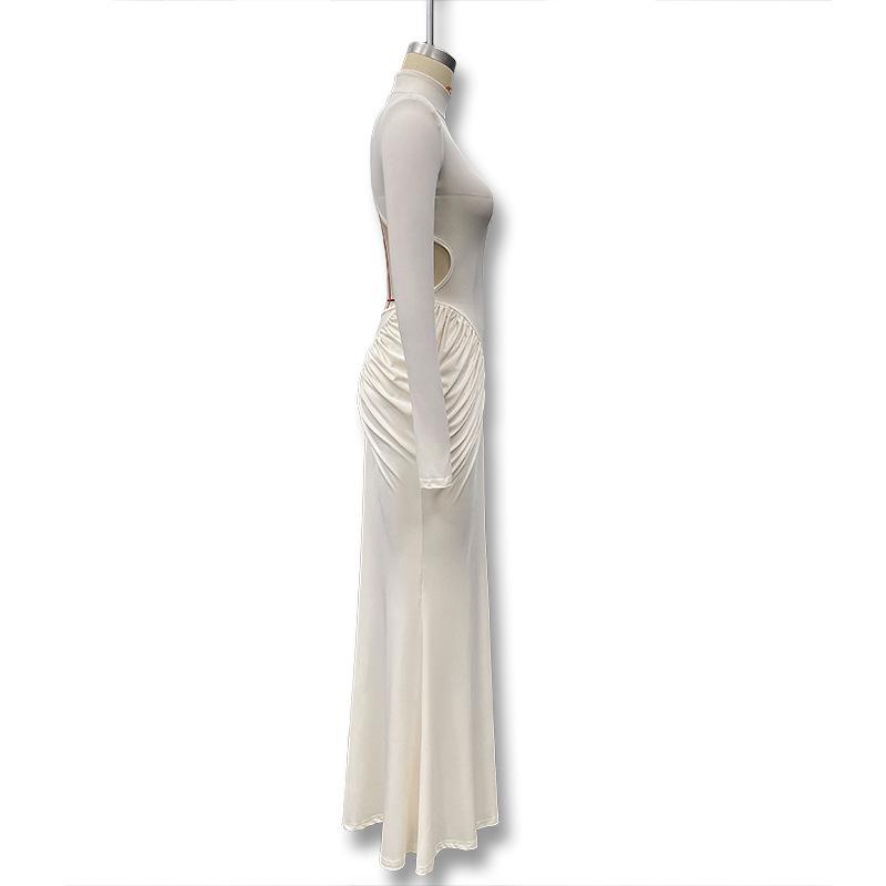 2025 Europäisch-Amerikanisches Herbstkleid für Damen mit hohem Kragen, Raffung am Rücken, rückenfrei, figurbetont