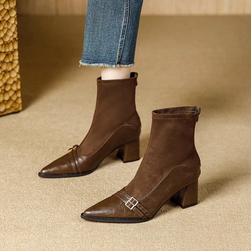 Retro Samt Stiefeletten Damen Dicke Absätze Herbst und Winter Neu Spleißen Elastische Dünne Stiefel Spitze Hohe Absätze Damenstiefel