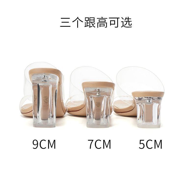 Léto 2025 nové internetové celebrity s průhlednými sandály na vysokém podpatku dámské pantofle na silném podpatku křišťálové a cool na ven