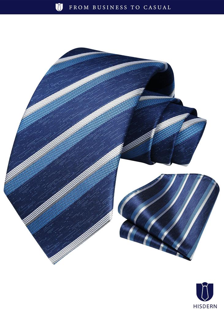[HISDERN] Blue Men's Formal Business Tie and Pocket Square Set, Striped Pattern, Perfect for Weddings, Job Interviews, Entrance Ceremonies,
