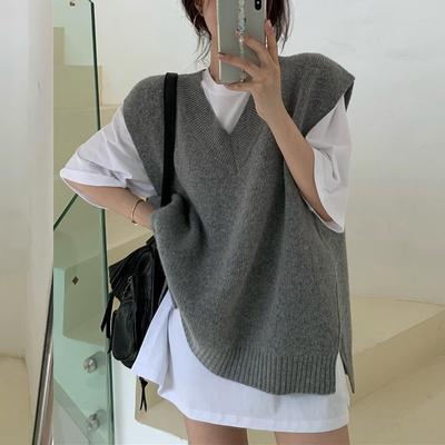 Korean Fashion Loose V Neck Knitted Pullover Women Sleeveless Sweater Vest Casual Loose Tank Tops Solid Color Office Versatile Retro Clothing