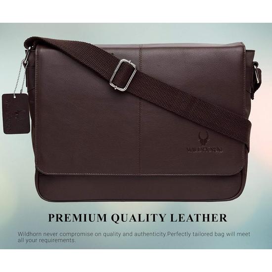 WildHorn Genuine Leather Messenger Bag for Men – Office Bag with Padded Laptop Compartment (Fits up to 13.5” Laptops) – 1-Year Warranty