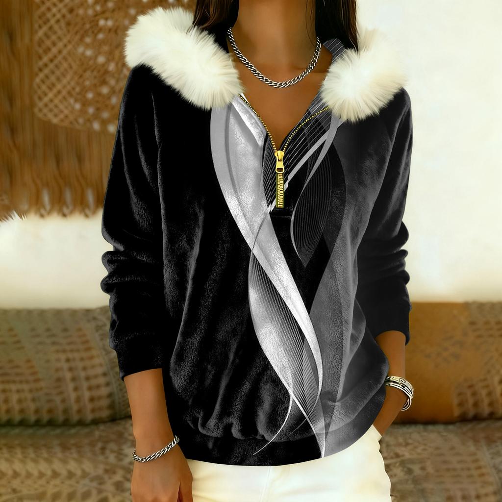 Damska luźna i wygodna codzienna moda bluza z kapturem z krótkim zamkiem błyskawicznym i długim rękawem z konwencjonalnym nadrukiem