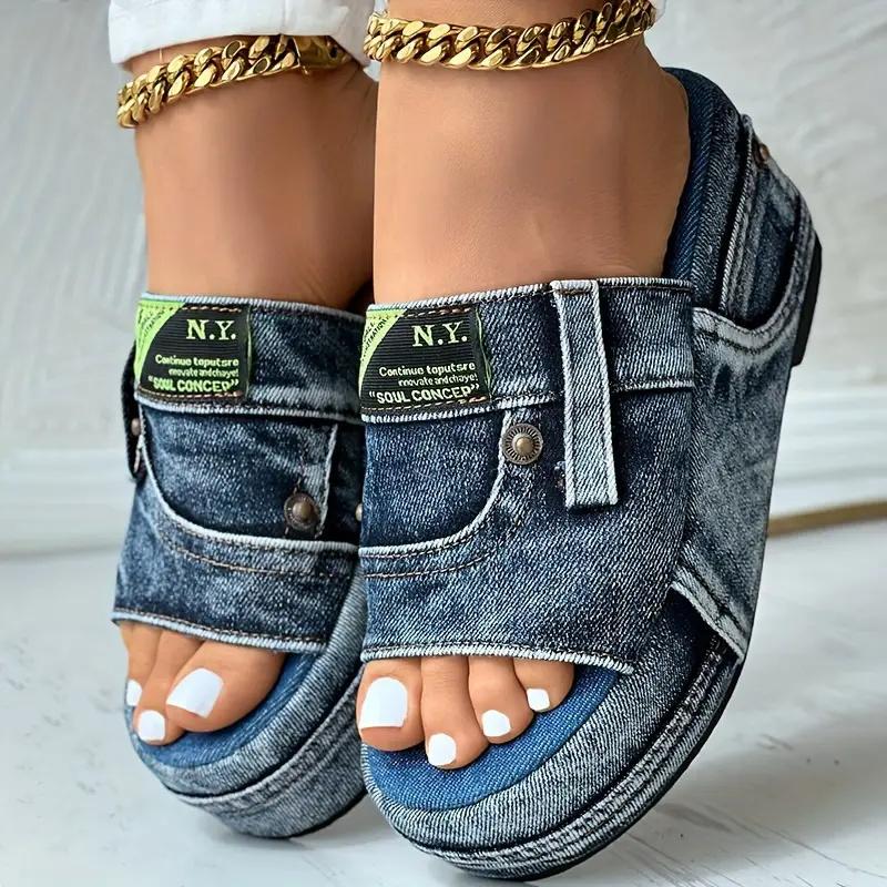 Fashion Platform Women Slippers New Summer Elegant Denim Sandals Comfortable Slip On Shoes Beach Walking Slippers Casual Slides Women