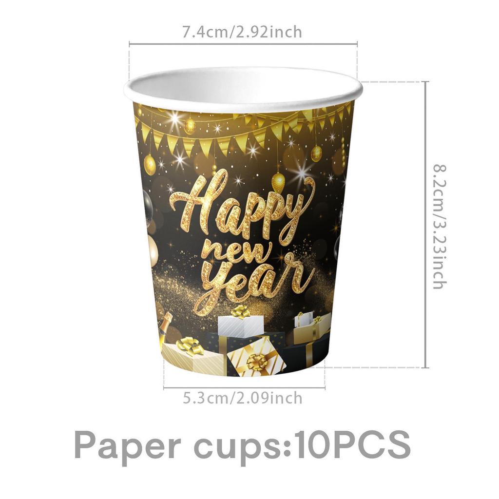 New Year 2027 Black & Gold Themed Party Tableware Set: Plates, Cups, Napkins, Tablecloth & Banners