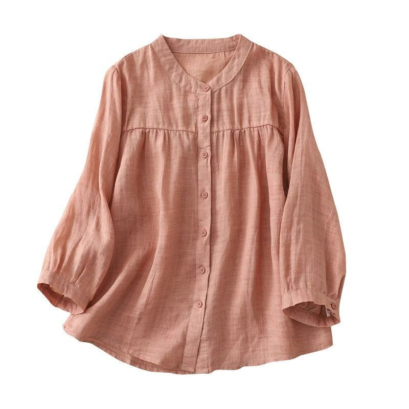 Cotton and Linen Shirt Thin Top Loose and Slimming Three-quarter Sleeve Solid Color Cardigan
