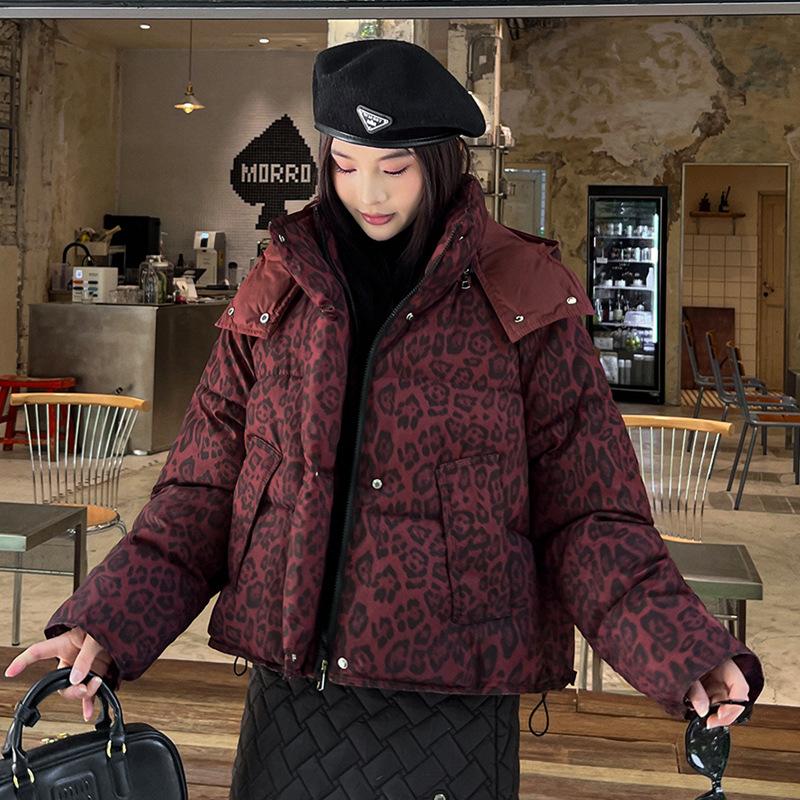 Women's Thickened Short Detachable Hood Leopard Print Jacket