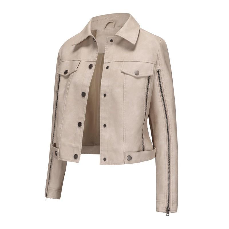 Womens Faux Leather Biker Jacket With Multiple Zippers Long Sleeve Open Front Coat Lightweight