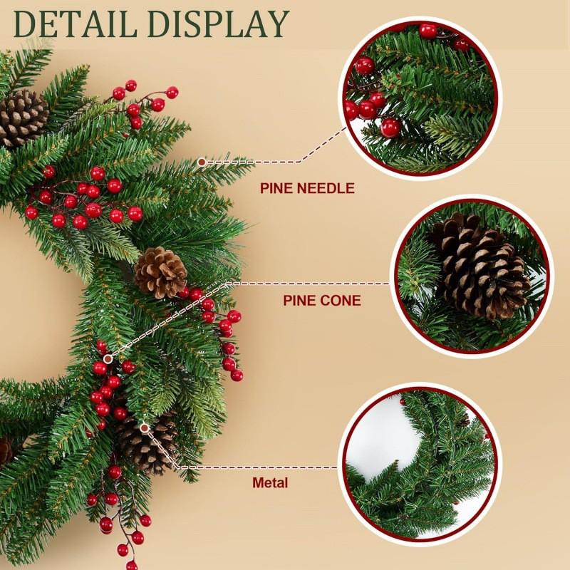 40cm Christmas Wreath With PVC Pinecones Red Berries Metal Frame Door Hanging Decor Holiday Home