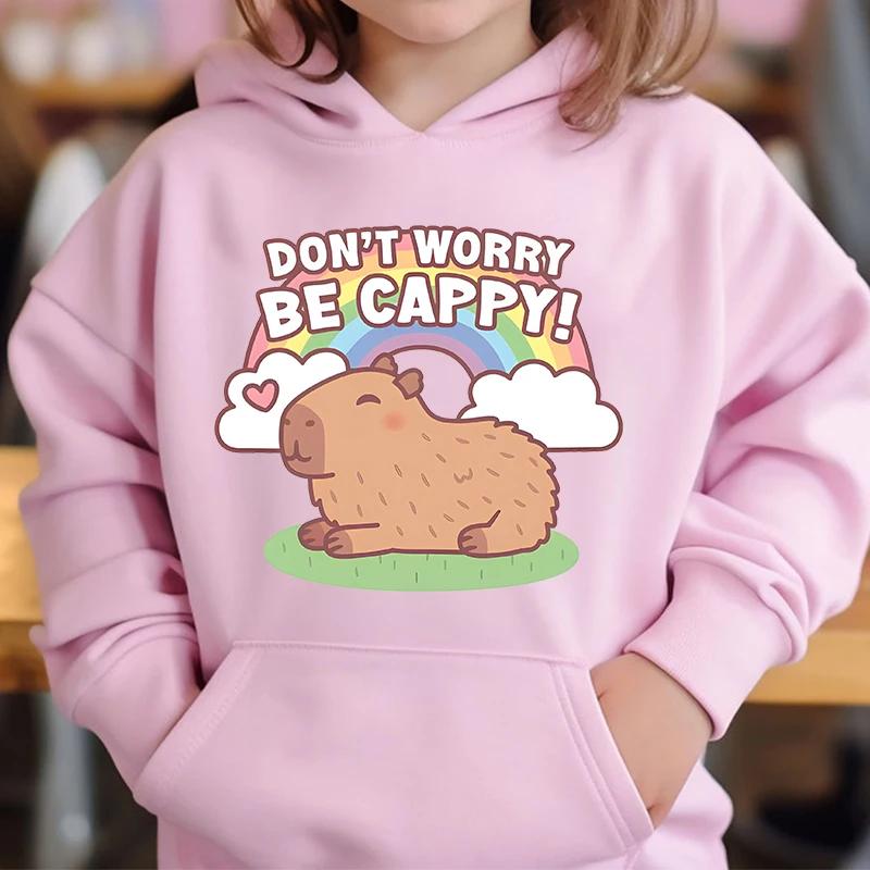 Cute Capybara Loves Bubble Tea Children's Hoodie Pink Autumn and Winter Girl's Top