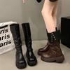 Brown retro British style thick heel platform boots women's 2025 new autumn and winter thin boots knight boots