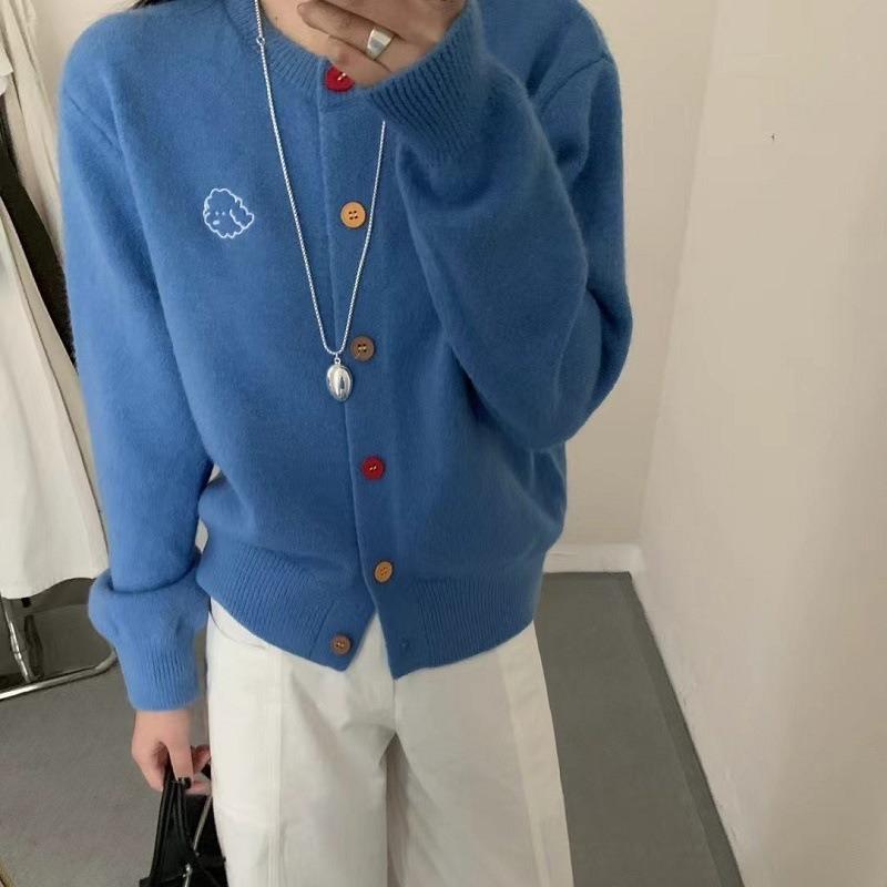 Gentle retro age-reducing puppy embroidered colorful buckle crew neck knitted cardigan women's spring and autumn small sweater jacket