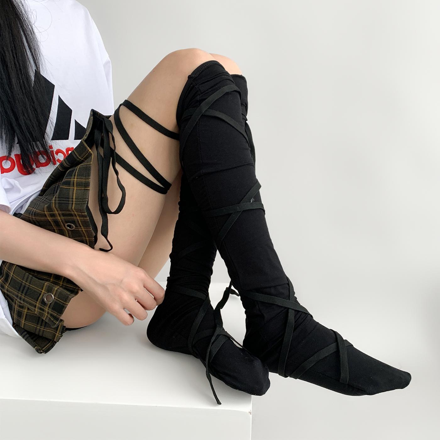 Punk Damen Wade Binden Beinabdeckung Socken Ballett Riemchen Wadenstrümpfe Dünne Strumpfhose Y2K Lolita Gothic Japanisch Jk Club Cosplay Socken One Size beige