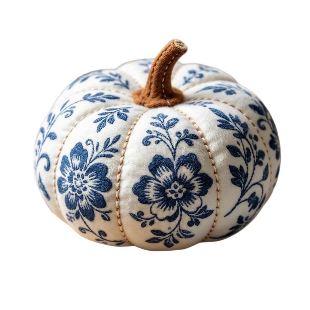 Stitched Material Pumpkin with White Base Thanksgiving Floral Stem Halloween