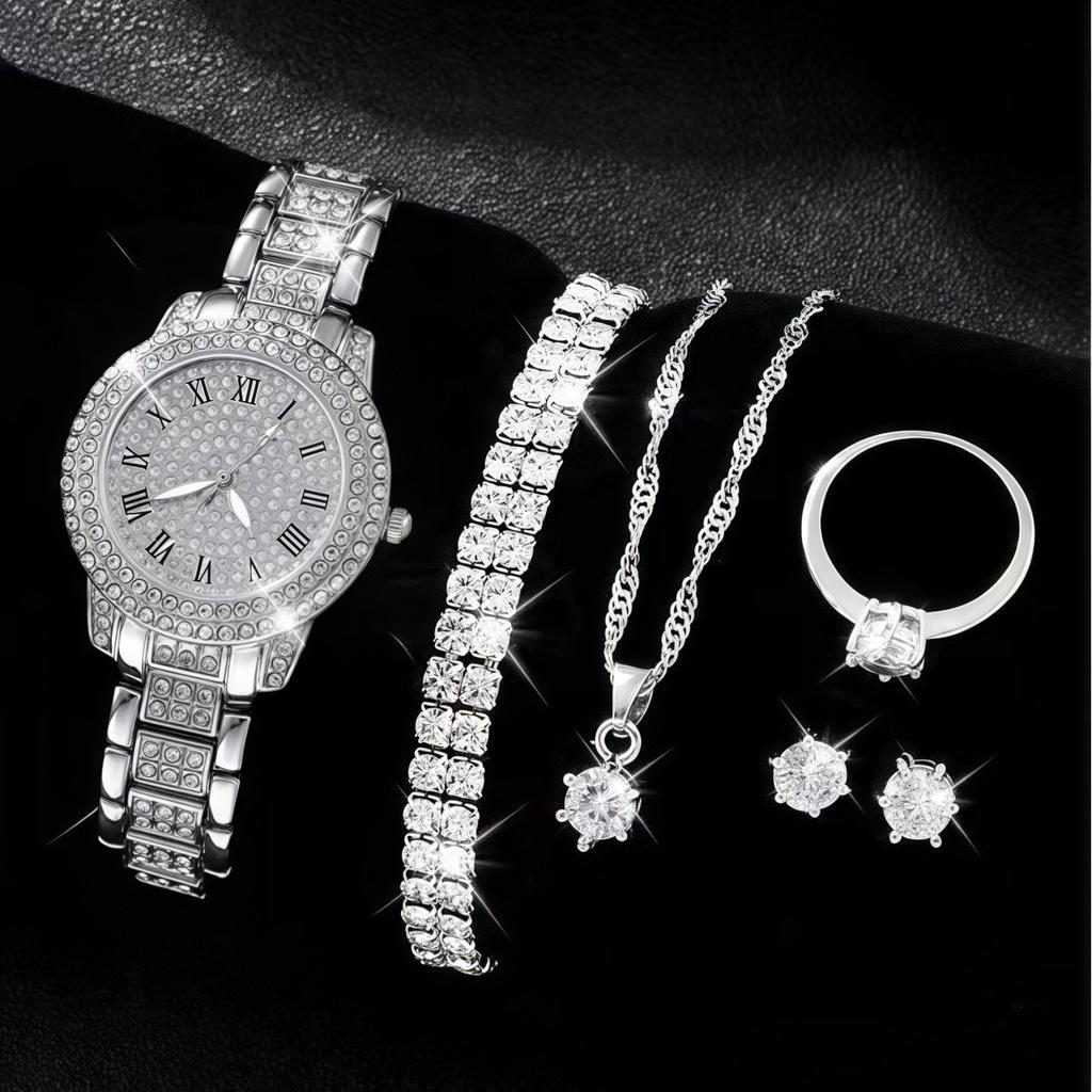 Ladies Cornucopia Diamond Watch Set, Popular 5pcs Bracelet Accessories Fashion Quartz European Beautiful Women Watch Set
