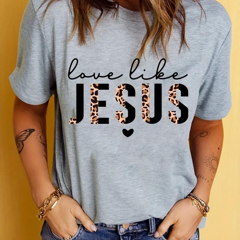 Love Like Jesus Crewneck Print TShirt Short Sleeve Crew Neck Casual Top for Summer Spring Womens Clothing Regular Short Sleeve