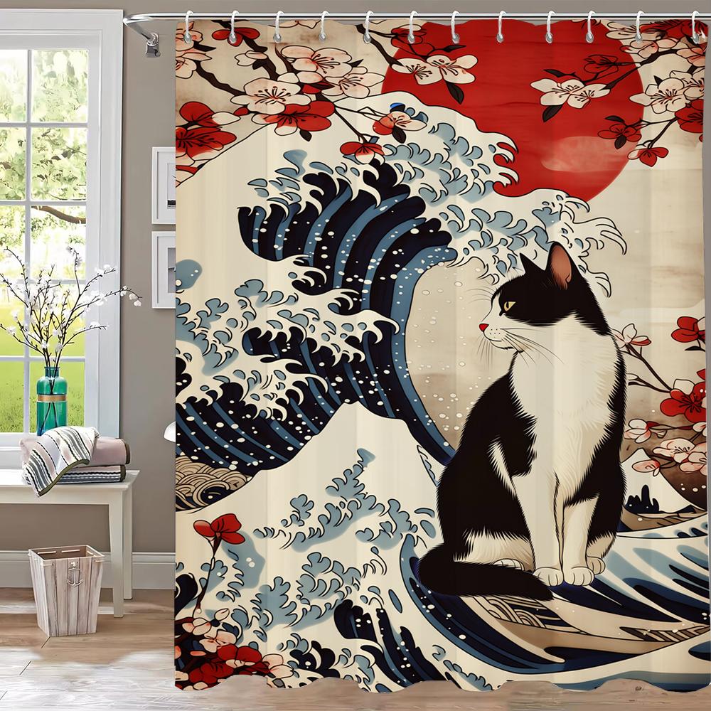 Wave Sunrise Cat Print Waterproof Shower Curtain Partition Privacy Hanging Curtain With 12 Hooks Multiple Sizes Machine Washable