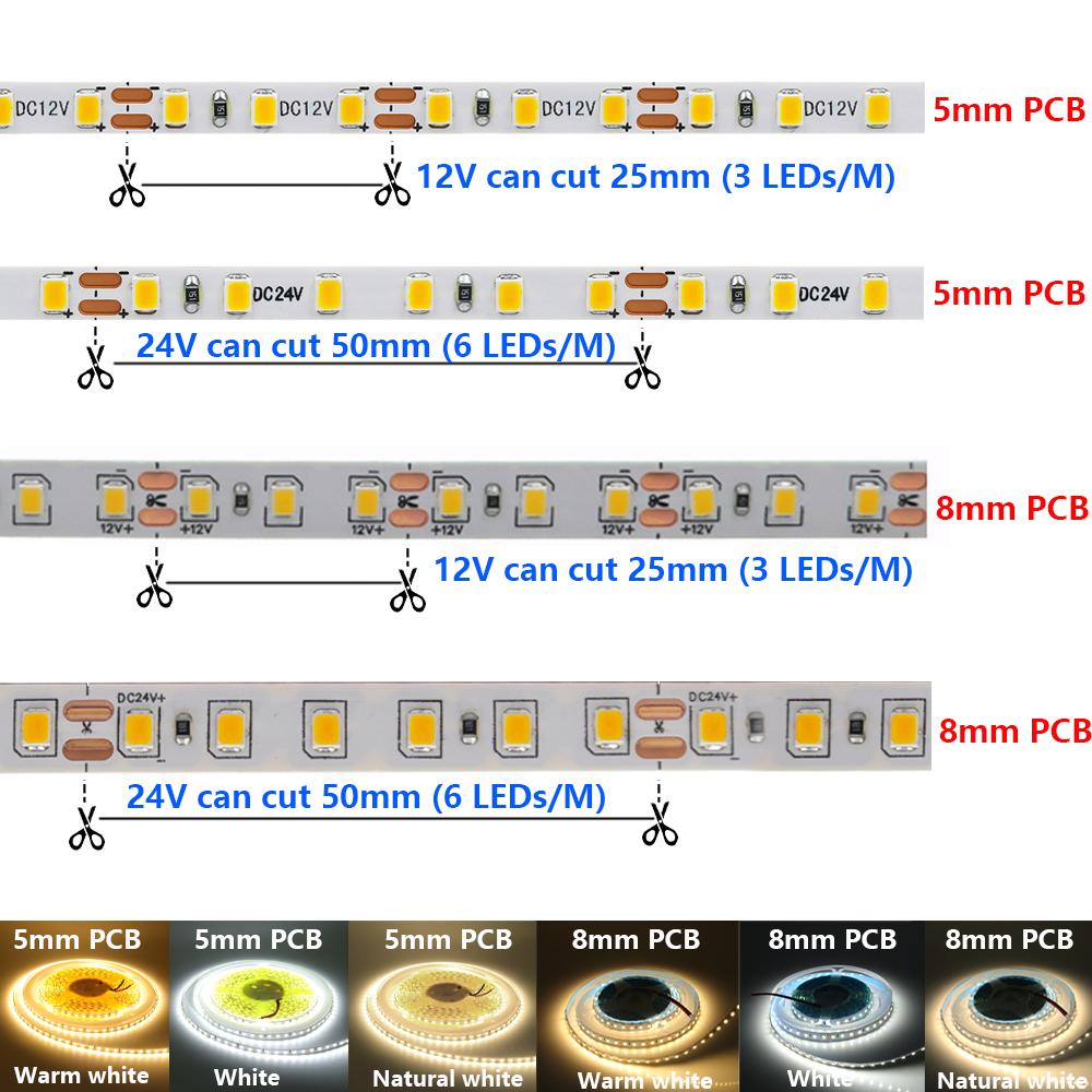 12V 24V 2835 LED Strip Light 120 LEDs/M Flexible Adhesive Non Waterproof Indoor Decoration Tape 5M 10M 13 Colors