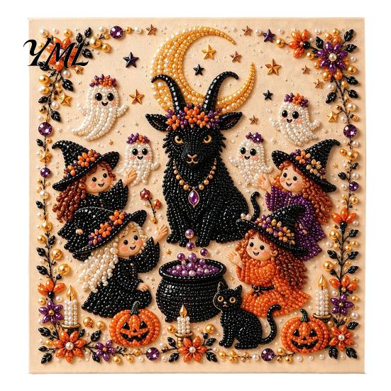 Handmade Ghost Pumpkin Art Halloween Faux Pearl DIY Kit, 3D Bead Embroidery Craft Set, Spooky Haunted House Goat Witch Wall Art, Seasonal Home