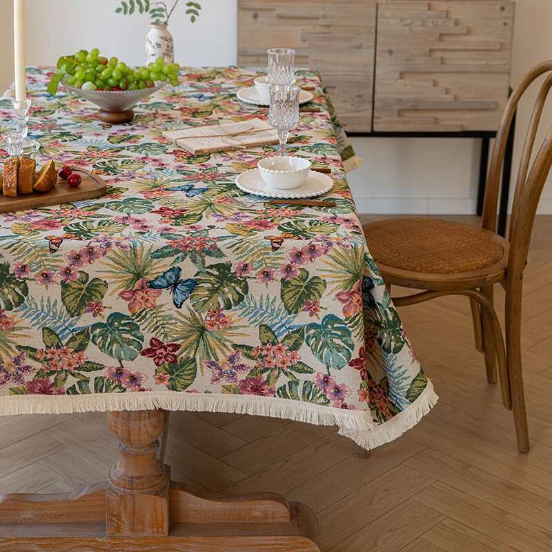 High End Home Floral Countryside Cotton Linen Fabric Tablecloth Rectangular Dining Table Cloth Decorative Cloth