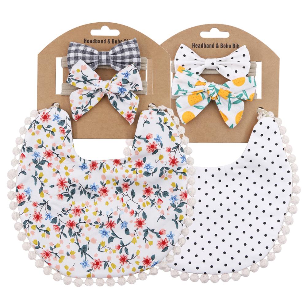 2 Sets/Lot Flower Print Embroidery Baby Bibs Headbands Bow Tie Scarf Bandana Double Side Toddler Saliva Towel Feeding Burp Cloth