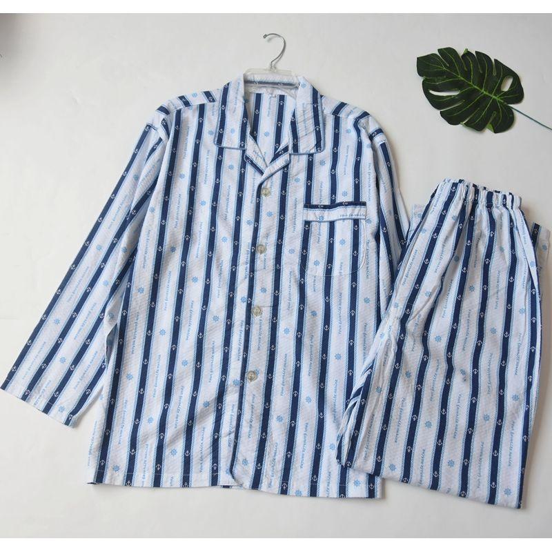 Foreign Trade High Quality Cotton Men's Pajamas Thin Plus size Simple Cotton Print Long sleeve Loose Home Wear Set