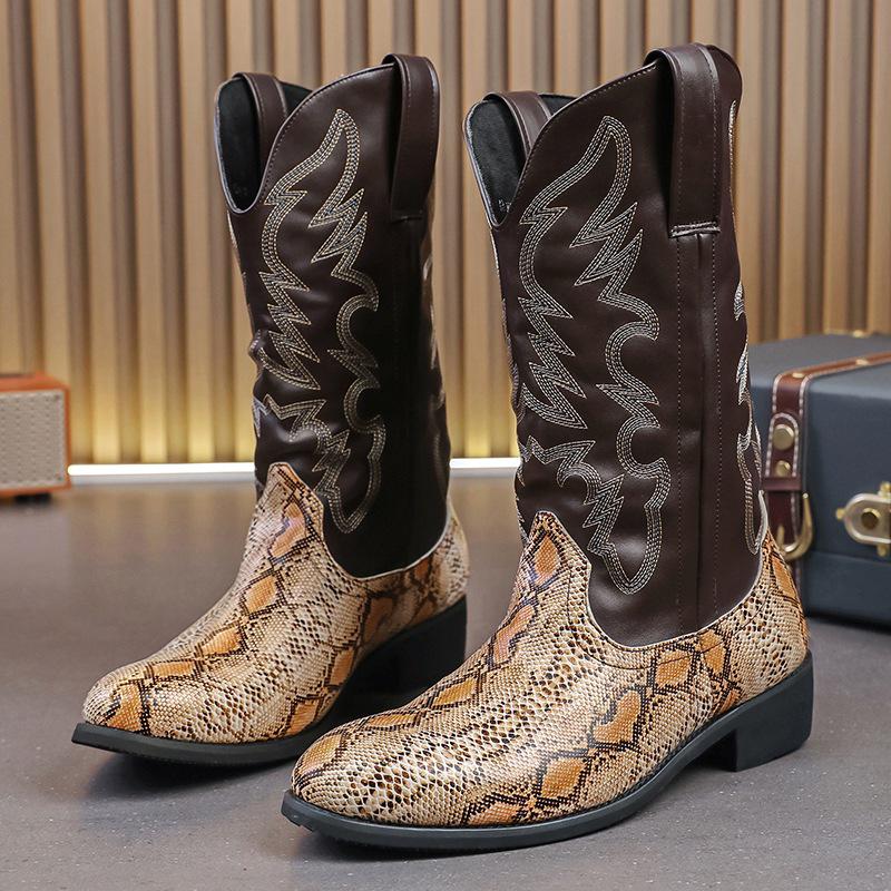 Men's Mid-Calf Snake Print Leather Western Cowboy Boots