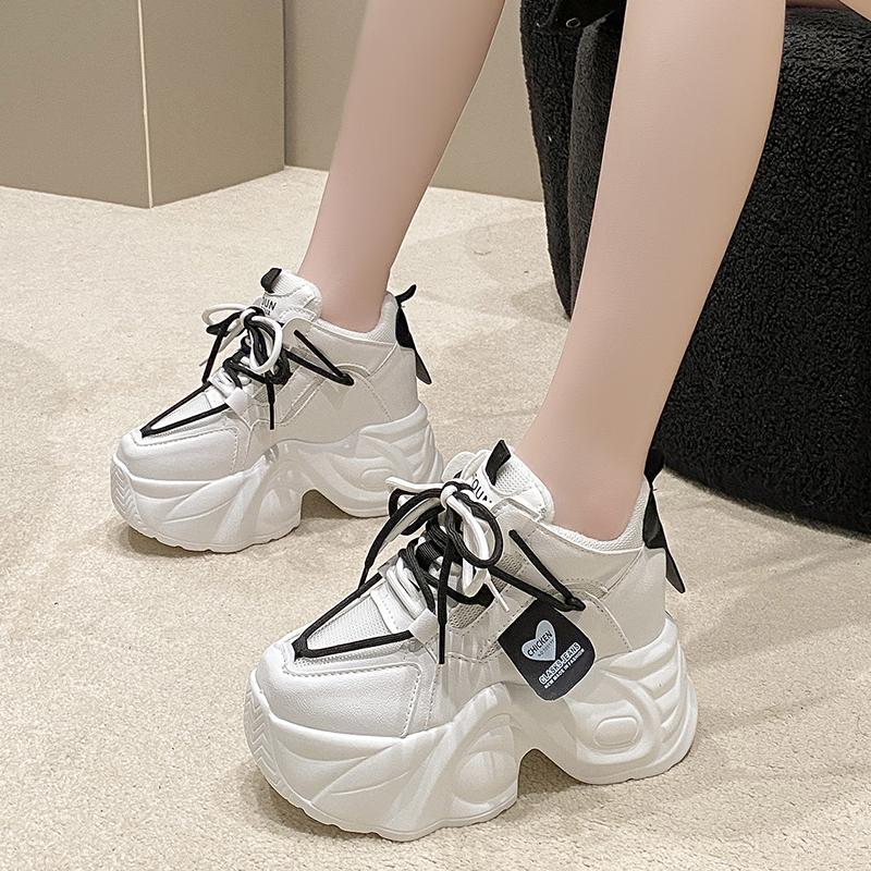 Fashion 9.5CM Women Platform Sneakers Lace-up Autumn Sports Dad Shoes High Top Chunky Casual Shoes Woman Thick Bottom Mesh White Shoes