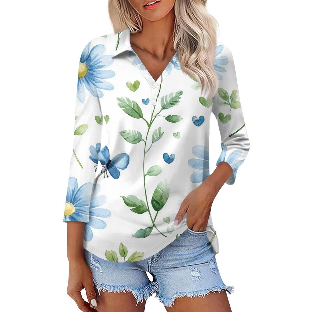 Women's Fashion Casual Button-up Seven-quarter Sleeve Floral Print Lapel Top