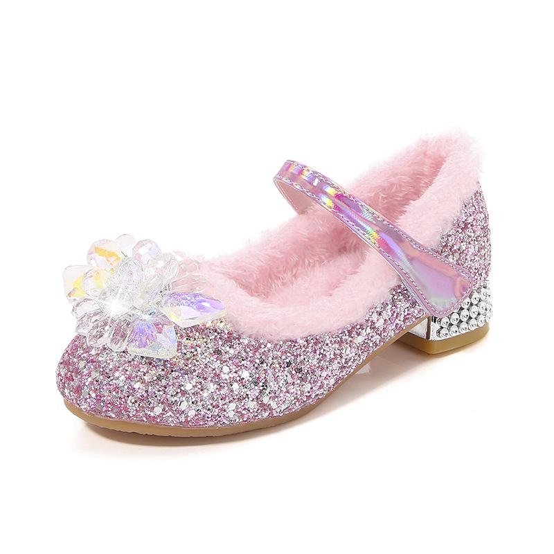 

Girls princess shoes, little girls plush crystal shoes, new winter blue Elsa shoes, high-heeled shoes for small and medium-sized children 23 розовый