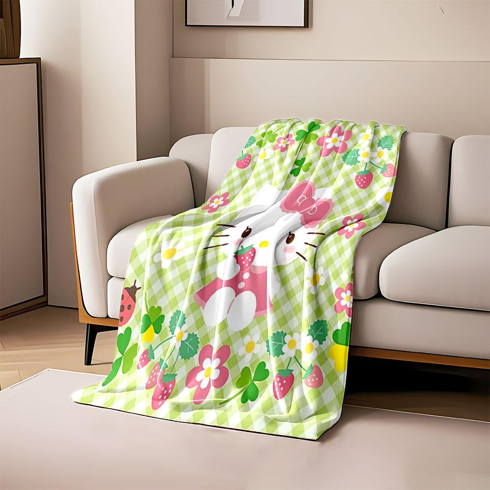 

Cute kitty with strawberries, flowers, and clovers on a green checkered background. for all seasons blanket lunch break throw gift 80cm x 120cm