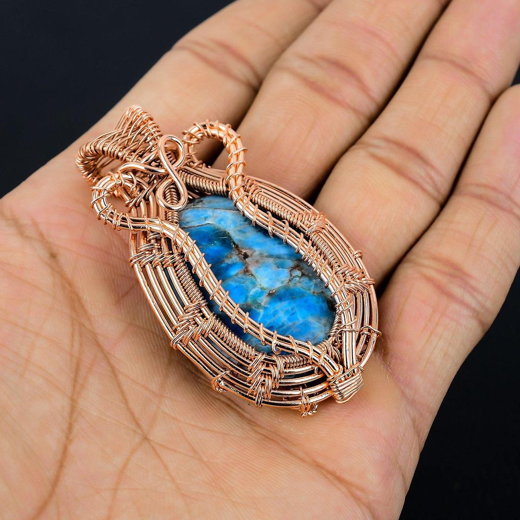 Neon Blue Apatite Gemstone Pendant 999 Copper Wire Wrapped Jewelry, Handmade Antique Pendant Jewelry, Gift For Mother