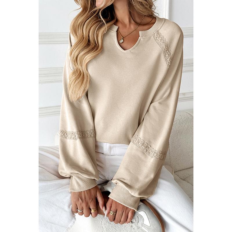 Women's Loose Long Sleeve Sweatshirt Solid Color Half Collar Lace Patchwork Casual Fashion Pullover