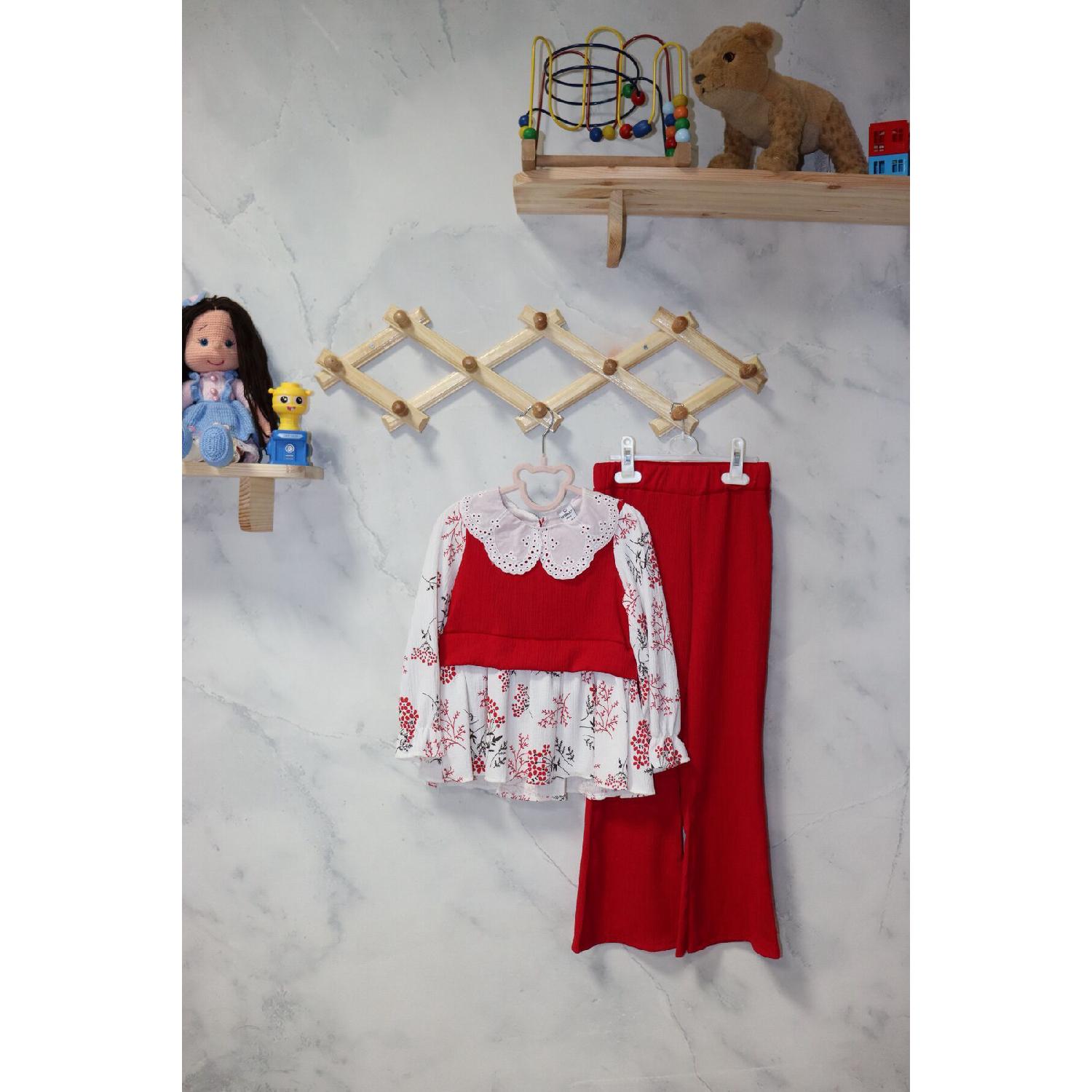 Ensemble élégant pour fille : chemisier à fleurs et pantalon moderne 6 Yaş rouge