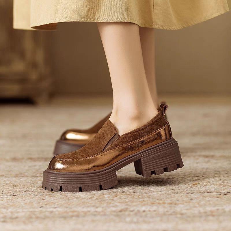 Women's Thick Heel Loafers 2025 Spring Autumn New Chunky Heel Leather Casual Loafers Hot Sale Fashion Round Toe Shoes