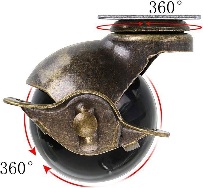 Lot de 4 roulettes à billes 50 mm avec frein - plaque 38x38 mm, pivot 360°, charge 30 kg, noir