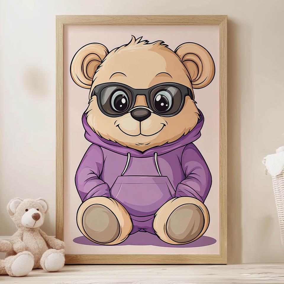 Plakat Pluszowy Miś We Fioletowym Hoodie Plakat Pluszowy Miś We Fioletowym Hoodie, 50X70 Cm, Bez Ramy, Papier Matowy 230 Gsm