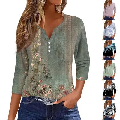 Women's Fashion Casual T-Shirt V-Neck Seven Sleeve Floral Printed Button Top