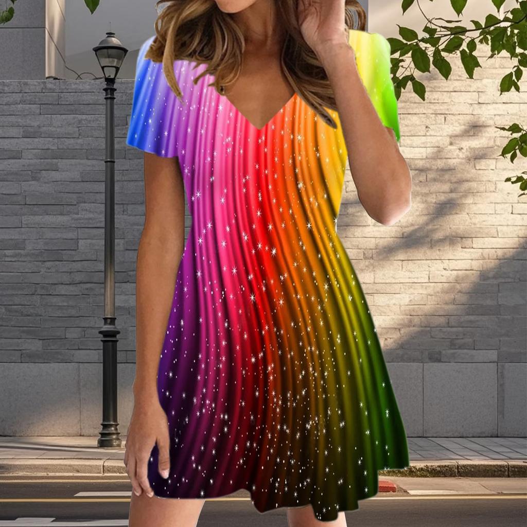 Summer Fashion Women's V Neck Short Sleeve Colorful Personality Printed Dress Sex Short Skirt Dresses