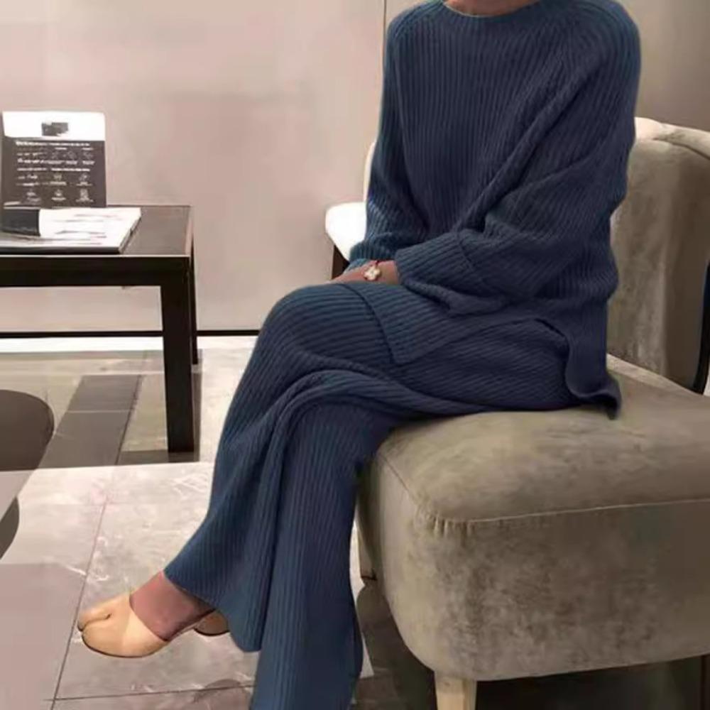 Women's Loose Fit Two-piece Suit Long Sleeve Knit Top Elastic Waist Wide Leg Pants